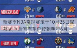 新赛季NBA常规赛定于10月25日揭幕战,季后赛有望延续到明年6月