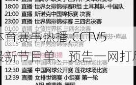 体育赛事热播,CCTV5最新节目单、预告一网打尽